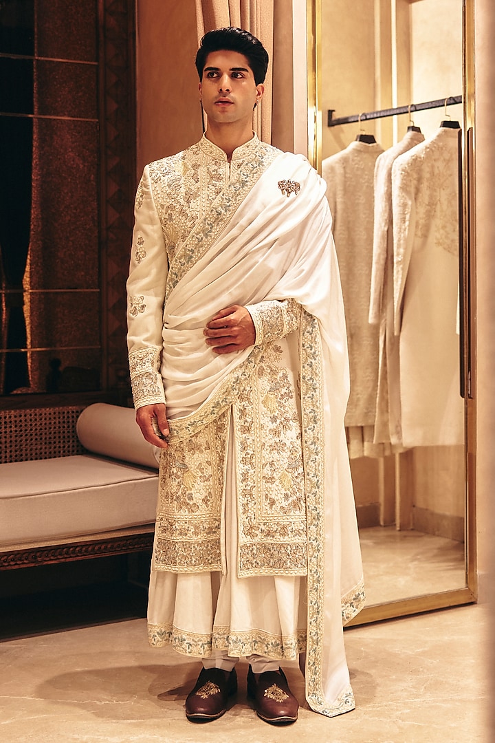 Ivory Silk Groom Sherwani Set by Amit Behki at Pernia's Pop Up Shop