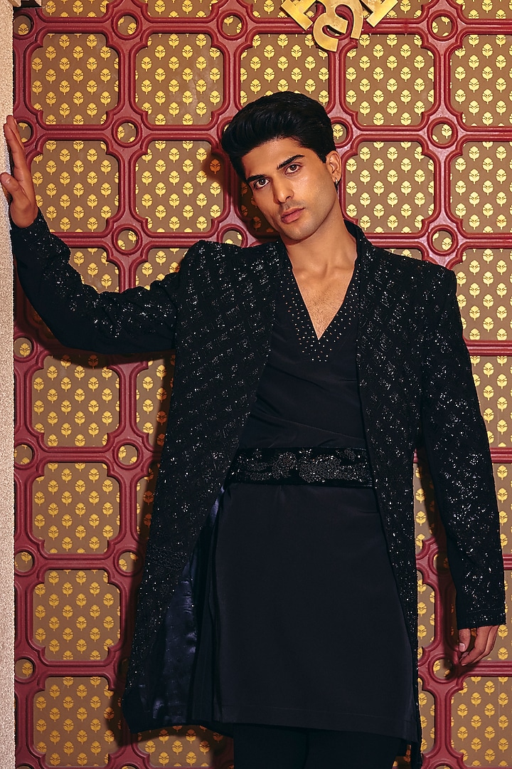 Black Italian Suiting Embroidered Groom Indowestern Set by Amit Behki at Pernia's Pop Up Shop