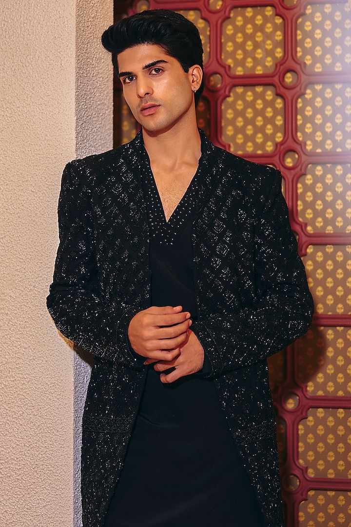 Black Italian Suiting Embroidered Groom Indowestern Set by Amit Behki at Pernia's Pop Up Shop