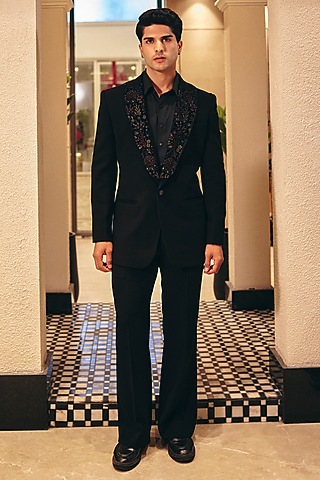 Black Italian Suiting Blazer Set by Amit Behki