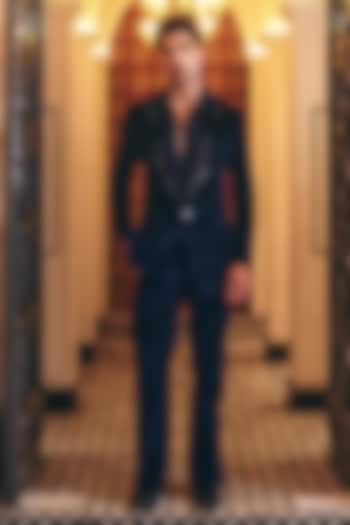 Navy Blue Cotton Velvet Blazer Set by Amit Behki at Pernia's Pop Up Shop