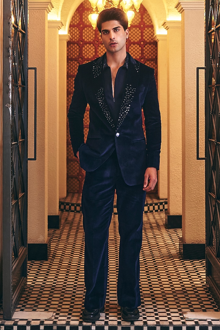Navy Blue Cotton Velvet Blazer Set by Amit Behki at Pernia's Pop Up Shop