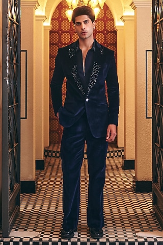 Navy Blue Cotton Velvet Blazer Set by Amit Behki