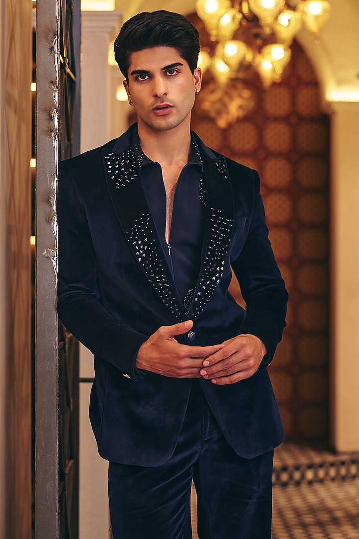 Navy Blue Cotton Velvet Blazer Set by Amit Behki at Pernia's Pop Up Shop