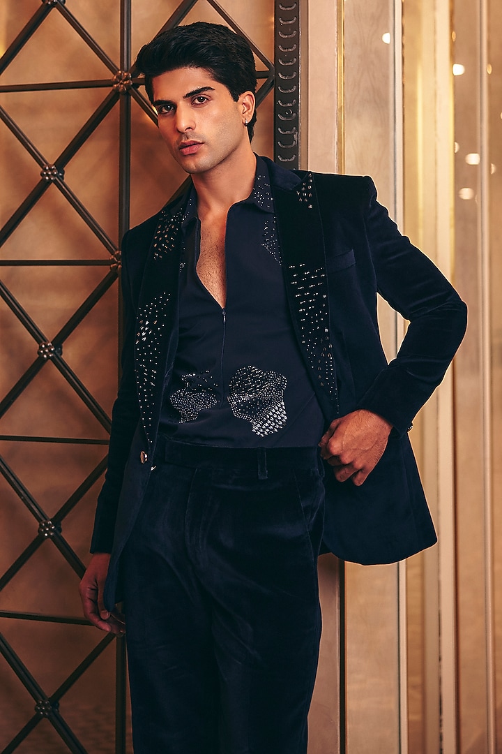 Navy Blue Cotton Velvet Blazer Set by Amit Behki at Pernia's Pop Up Shop