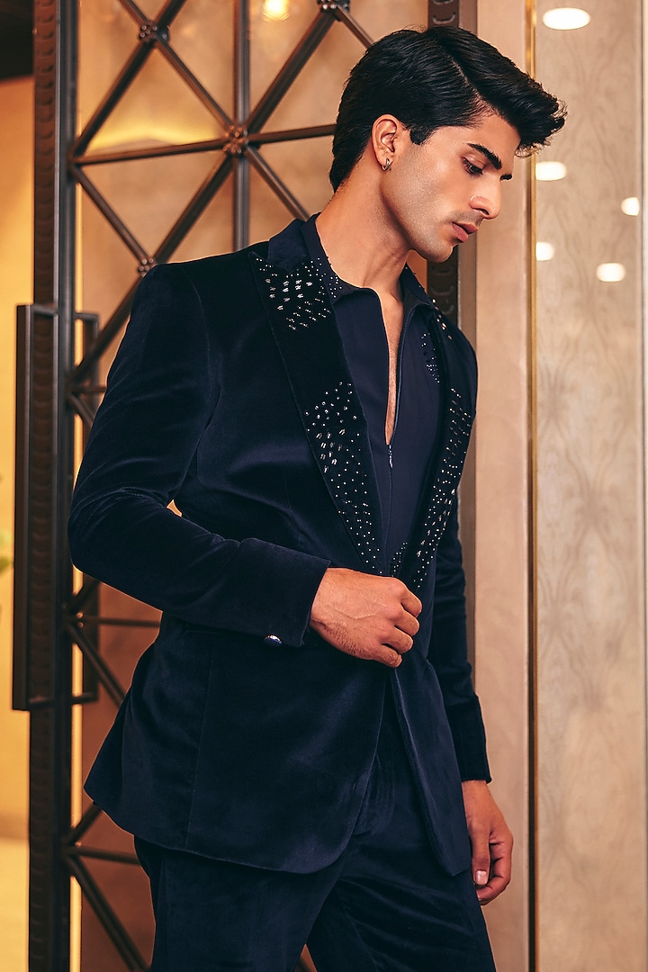 Navy Blue Cotton Velvet Blazer Set by Amit Behki at Pernia's Pop Up Shop