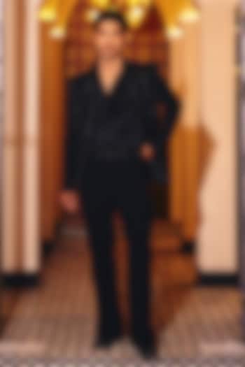 Black Italian Suiting Embroidered Blazer Set by Amit Behki at Pernia's Pop Up Shop