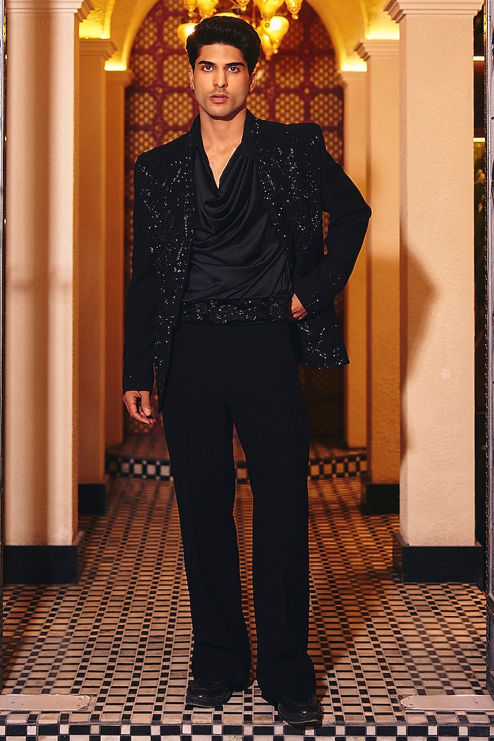 Black Italian Suiting Embroidered Blazer Set by Amit Behki at Pernia's Pop Up Shop