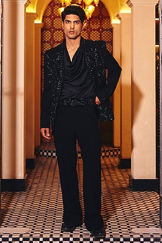 Black Italian Suiting Embroidered Blazer Set by Amit Behki