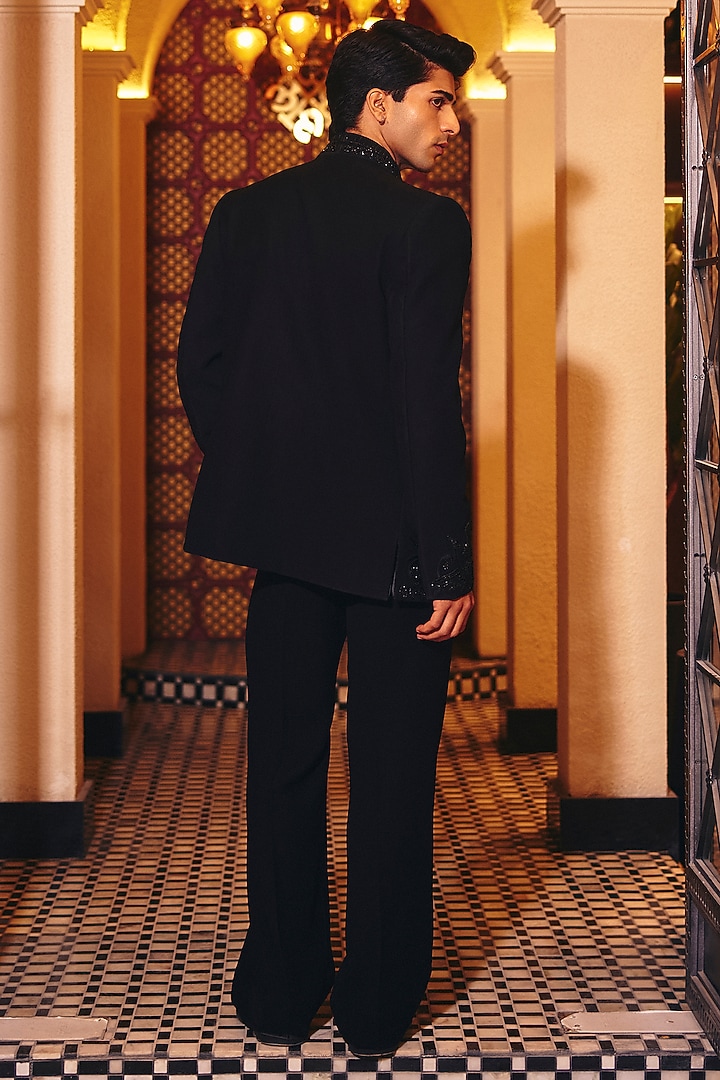Black Italian Suiting Embroidered Blazer Set by Amit Behki at Pernia's Pop Up Shop