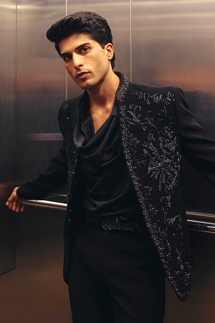 Black Italian Suiting Embroidered Blazer Set by Amit Behki at Pernia's Pop Up Shop