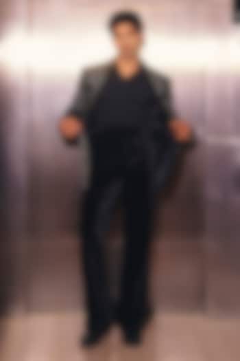 Black Italian Suiting & Silk Velvet Blazer Set by Amit Behki at Pernia's Pop Up Shop