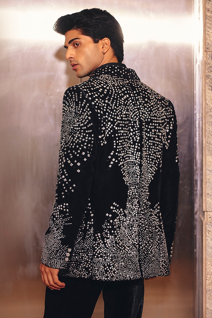 Black Italian Suiting & Silk Velvet Blazer Set by Amit Behki at Pernia's Pop Up Shop