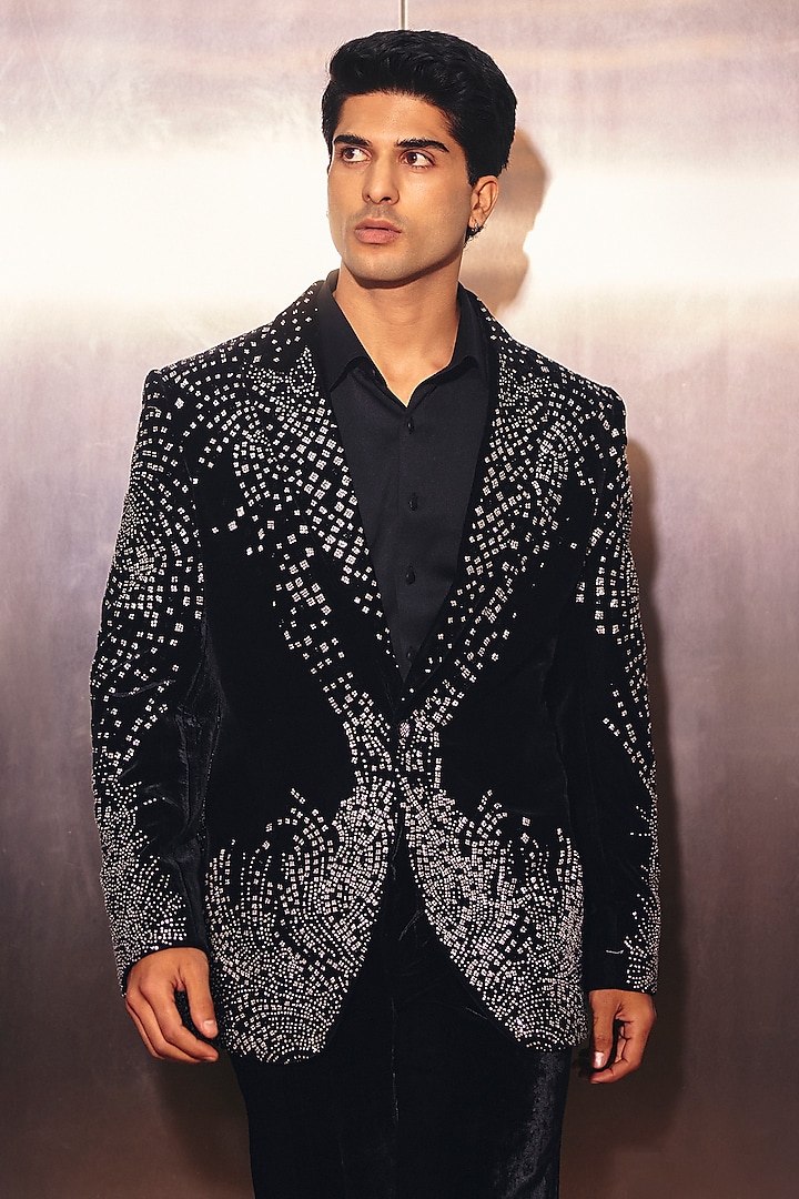 Black Italian Suiting & Silk Velvet Blazer Set by Amit Behki at Pernia's Pop Up Shop