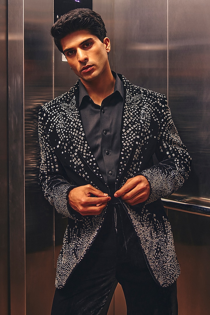 Black Italian Suiting & Silk Velvet Blazer Set by Amit Behki at Pernia's Pop Up Shop