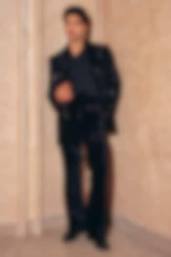 Black Italian Suiting & Silk Velvet Hand Embroidered Blazer Set by Amit Behki at Pernia's Pop Up Shop