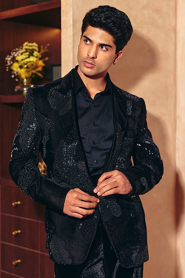 Black Italian Suiting & Silk Velvet Hand Embroidered Blazer Set by Amit Behki at Pernia's Pop Up Shop