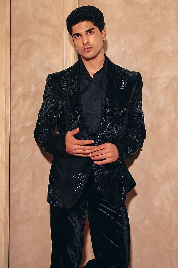Black Italian Suiting & Silk Velvet Hand Embroidered Blazer Set by Amit Behki at Pernia's Pop Up Shop