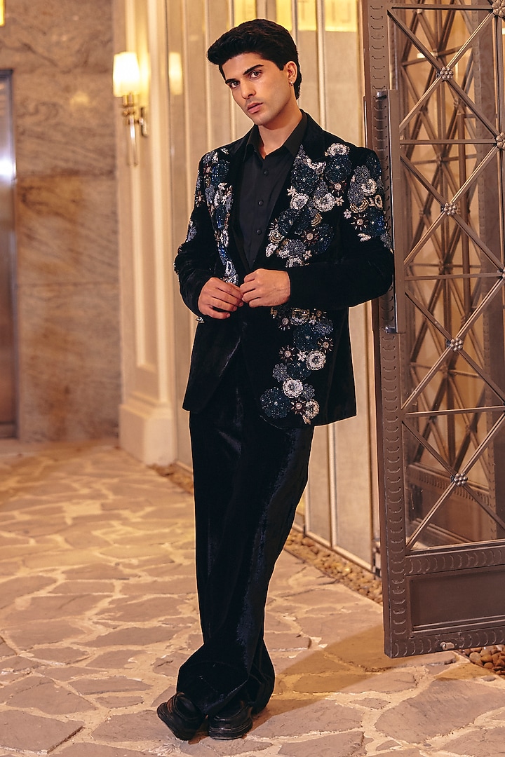 Black Cotton Velvet Hand Embroidered Blazer Set by Amit Behki at Pernia's Pop Up Shop