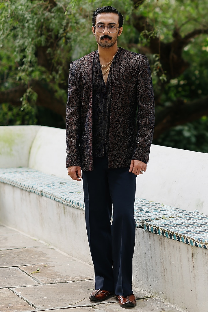 Navy Blue Velvet Hand Embroidered Groom Bandhgala Set by Amit Behki at Pernia's Pop Up Shop