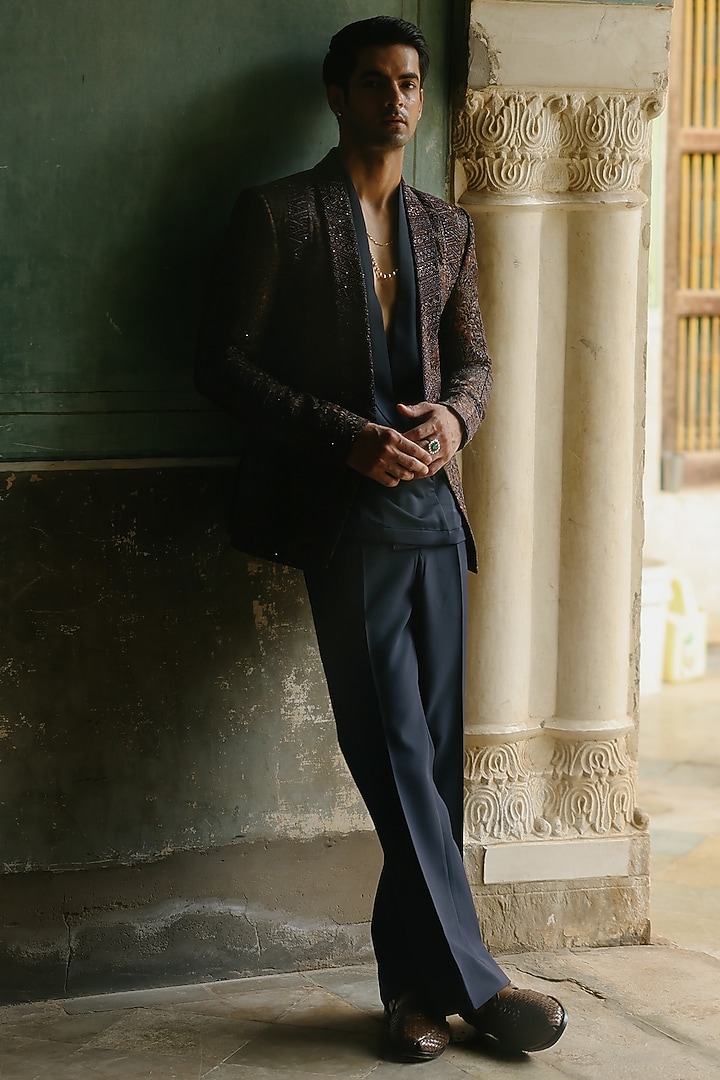 Navy Blue Pure Silk Embroidered Blazer Set by Amit Behki at Pernia's Pop Up Shop