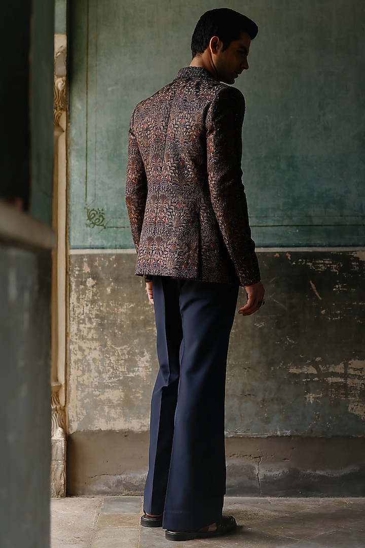 Navy Blue Pure Silk Embroidered Blazer Set by Amit Behki at Pernia's Pop Up Shop