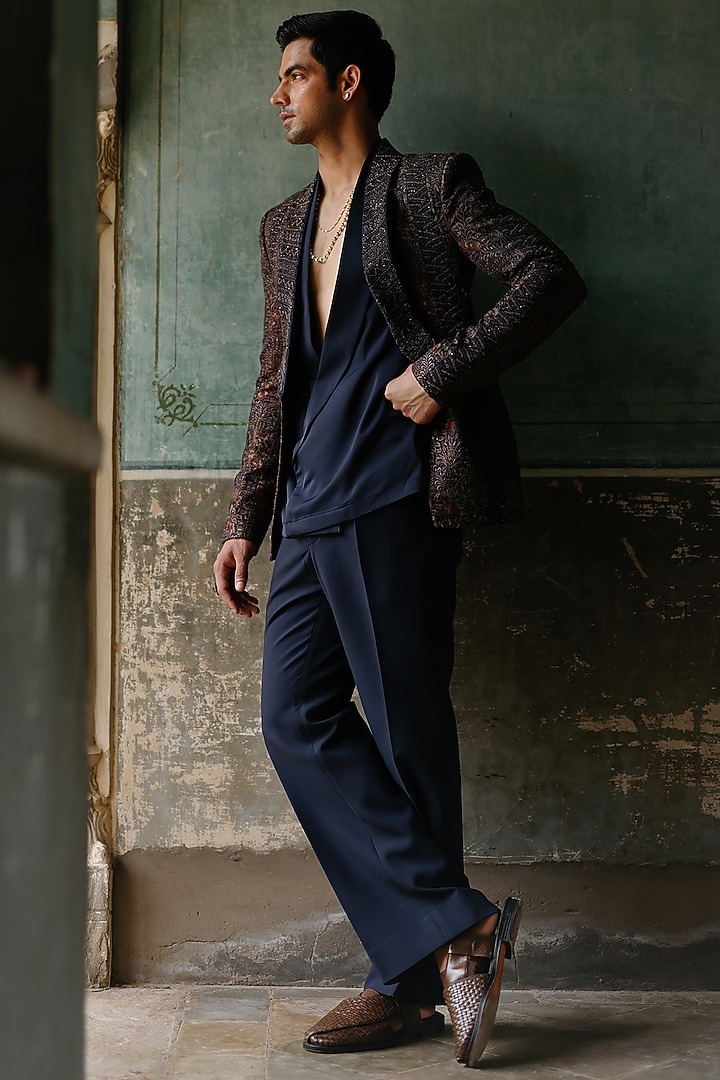 Navy Blue Pure Silk Embroidered Blazer Set by Amit Behki at Pernia's Pop Up Shop