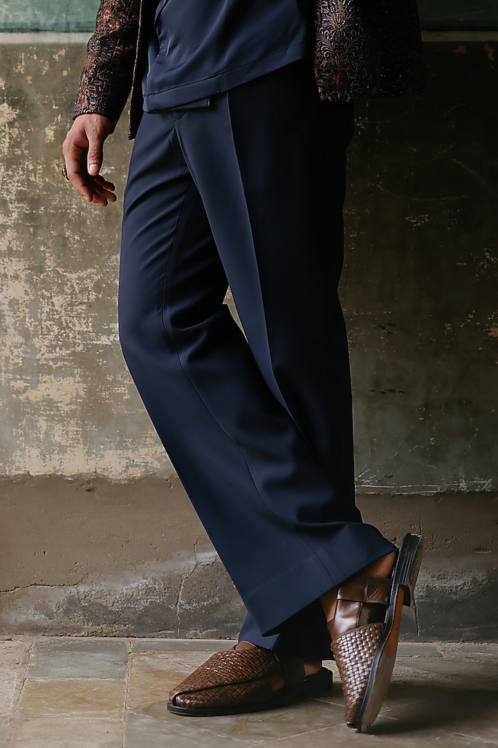 Navy Blue Pure Silk Embroidered Blazer Set by Amit Behki at Pernia's Pop Up Shop