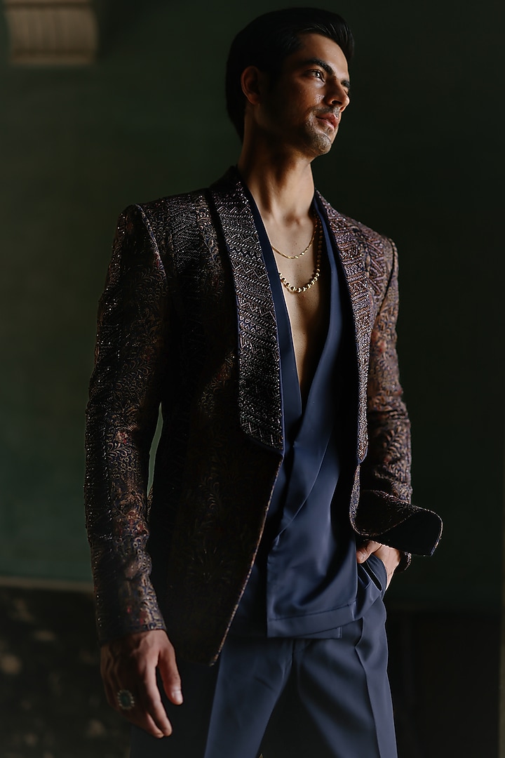 Navy Blue Pure Silk Embroidered Blazer Set by Amit Behki at Pernia's Pop Up Shop