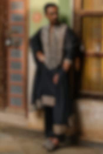 Black Pure Silk Hand Embroidered Kurta Set by Amit Behki at Pernia's Pop Up Shop