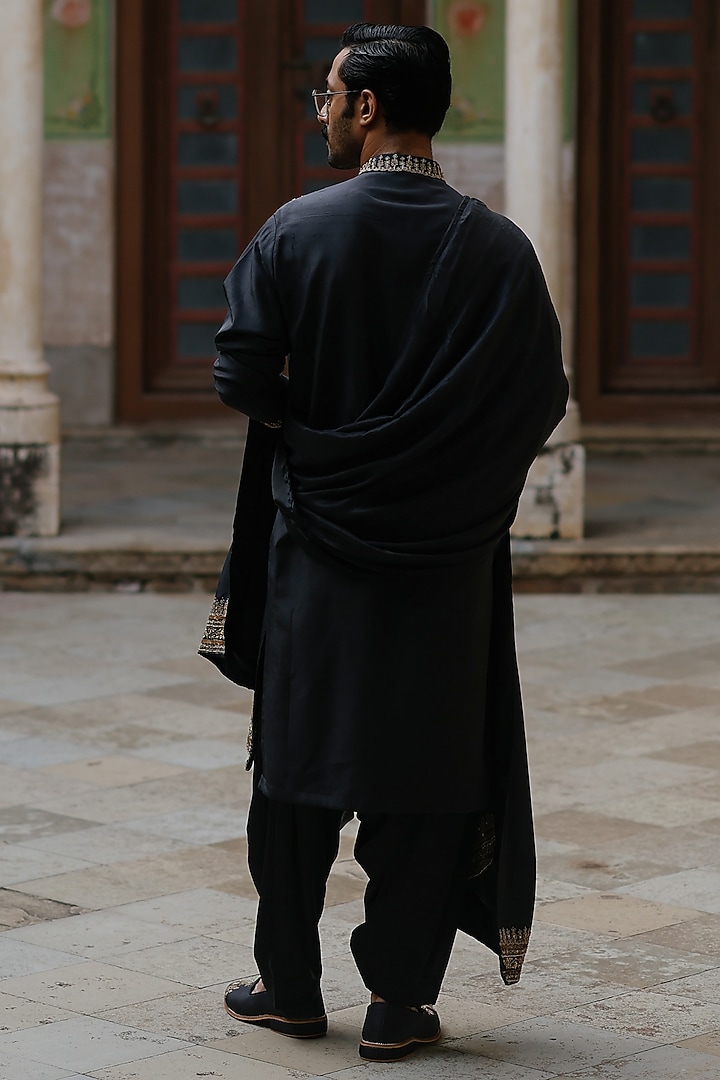Black Silk Embroidered Stole by Amit Behki at Pernia's Pop Up Shop