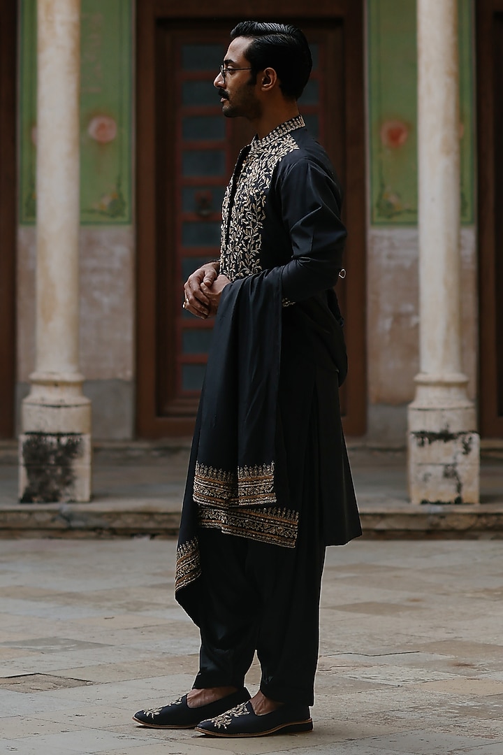 Black Silk Embroidered Stole by Amit Behki at Pernia's Pop Up Shop