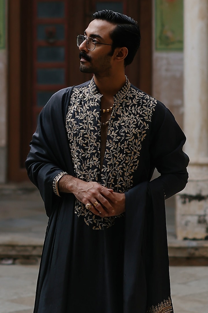 Black Silk Embroidered Stole by Amit Behki at Pernia's Pop Up Shop
