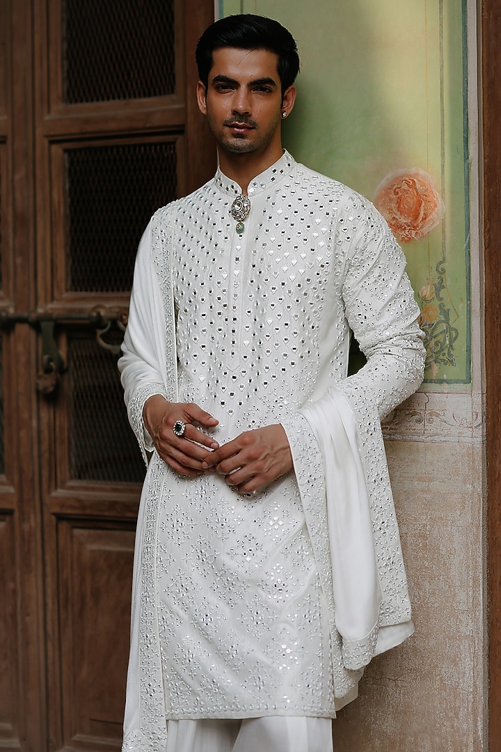 Ivory Pure Silk Mirror Work Stole by Amit Behki at Pernia's Pop Up Shop