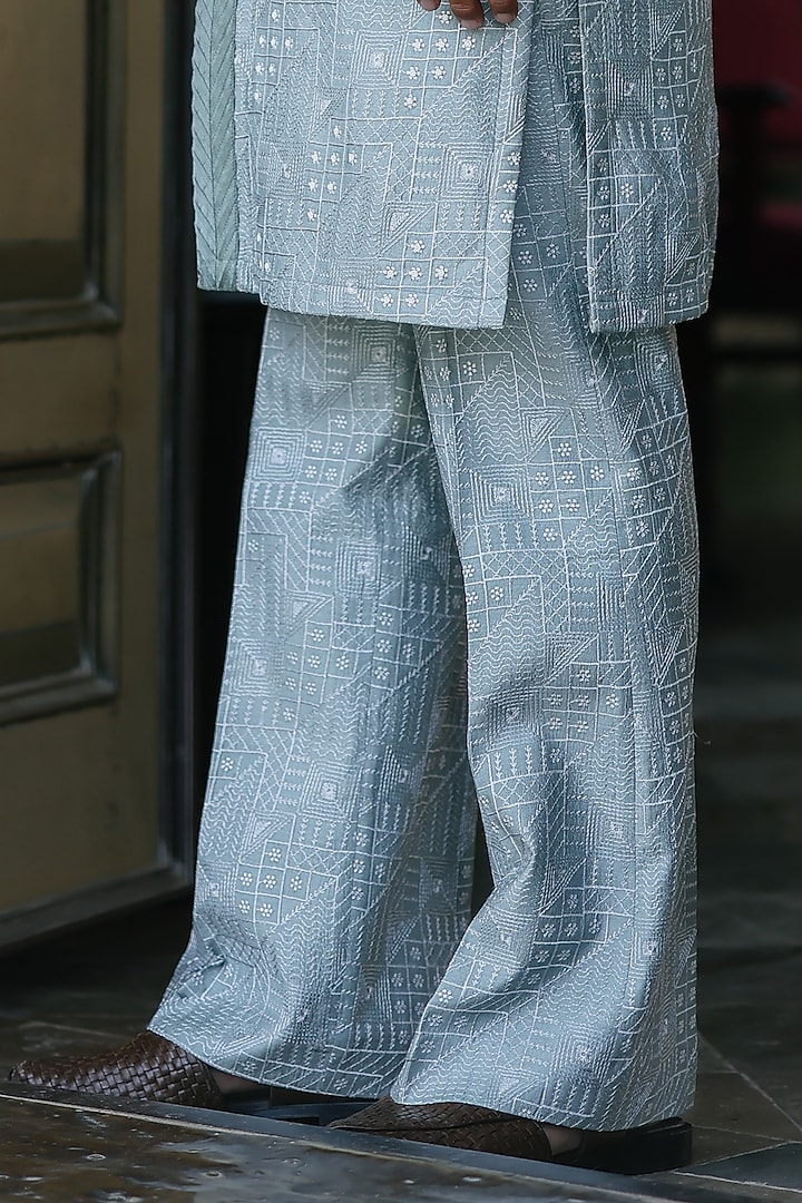Powder Blue Silk Mirror Work Straight Kurta Set by Amit Behki at Pernia's Pop Up Shop