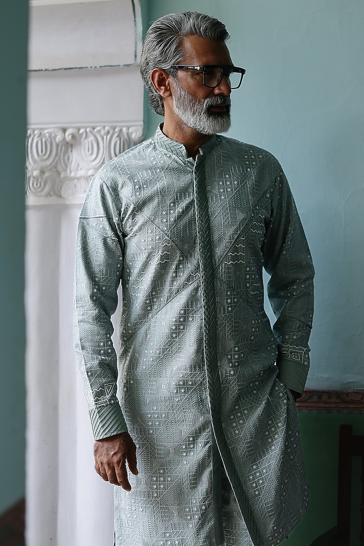 Powder Blue Silk Mirror Work Straight Kurta Set by Amit Behki at Pernia's Pop Up Shop