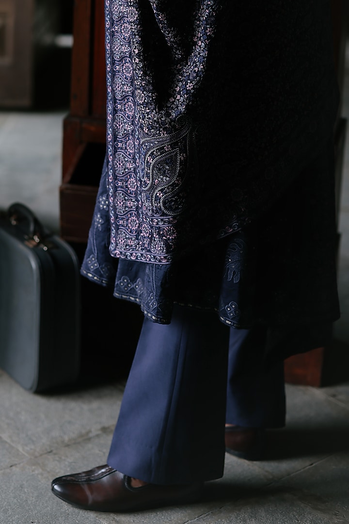 Midnight Blue Silk Applique Work Groom Indowestern Set by Amit Behki at Pernia's Pop Up Shop