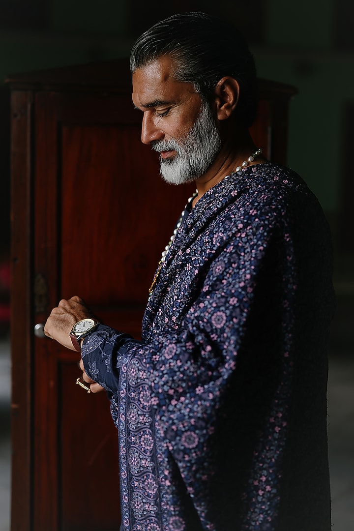 Midnight Blue Silk Applique Work Groom Indowestern Set by Amit Behki at Pernia's Pop Up Shop