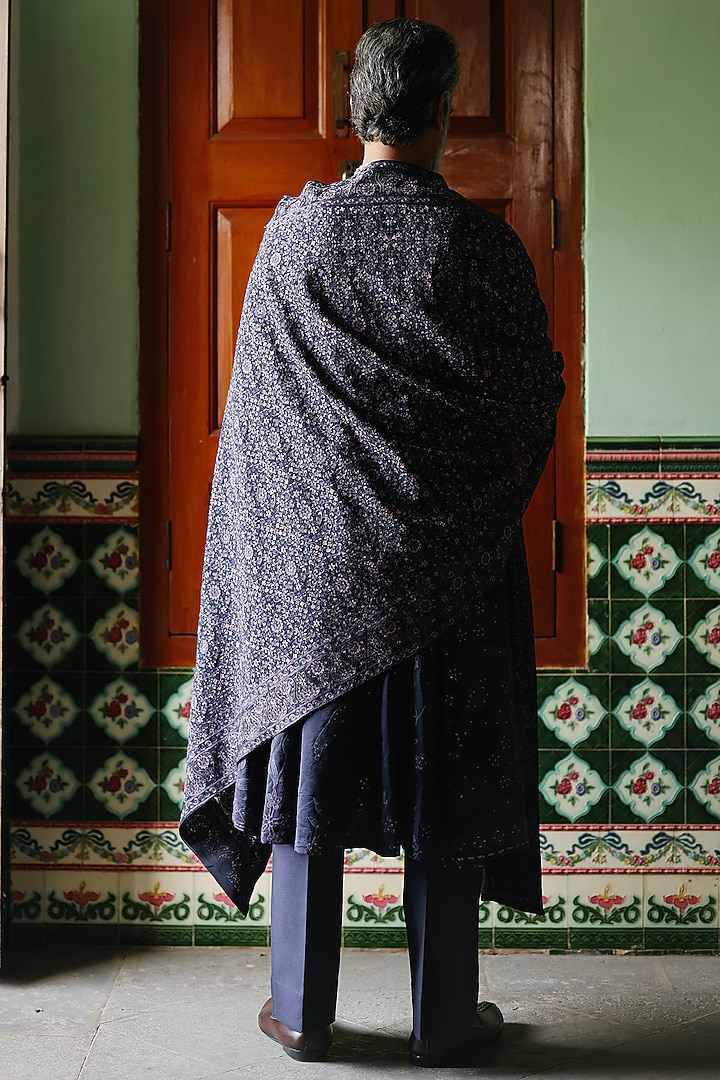 Midnight Blue Pure Georgette Aari Work Stole by Amit Behki at Pernia's Pop Up Shop