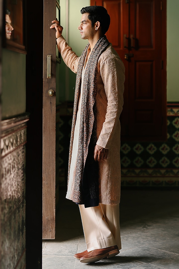 Brown Georgette Aari Work Stole by Amit Behki at Pernia's Pop Up Shop