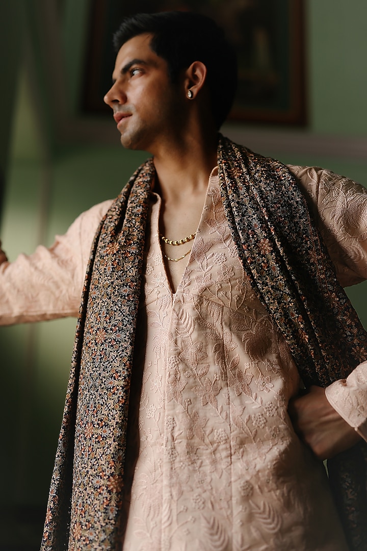 Brown Georgette Aari Work Stole by Amit Behki at Pernia's Pop Up Shop