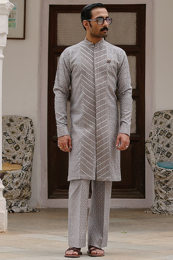 Grey Silk Embroidered Kurta Set by Amit Behki at Pernia's Pop Up Shop