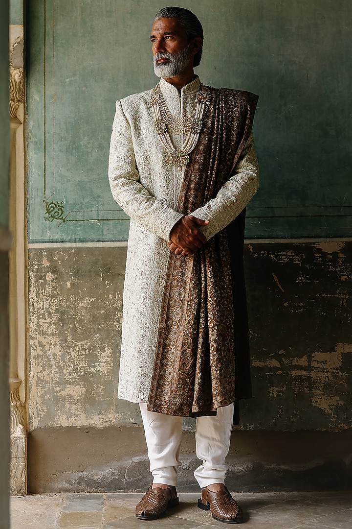 Mint Green Silk Hand Embroidered Groom Sherwani Set by Amit Behki at Pernia's Pop Up Shop