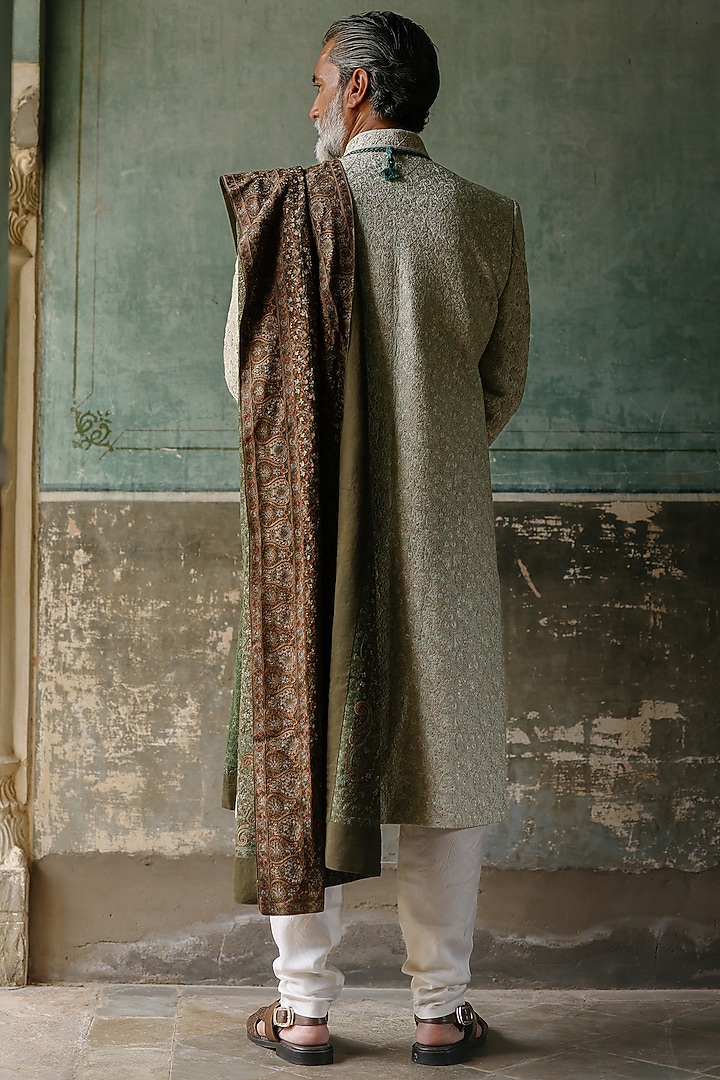 Mint Green Silk Hand Embroidered Groom Sherwani Set by Amit Behki at Pernia's Pop Up Shop