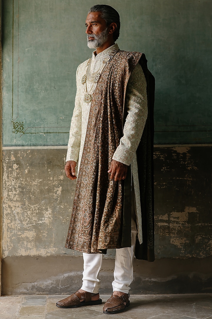 Mint Green Silk Hand Embroidered Groom Sherwani Set by Amit Behki at Pernia's Pop Up Shop