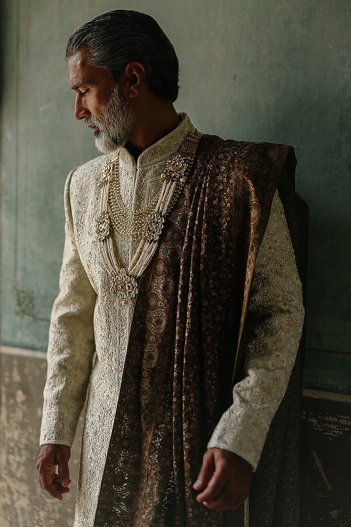 Mint Green Silk Hand Embroidered Groom Sherwani Set by Amit Behki at Pernia's Pop Up Shop