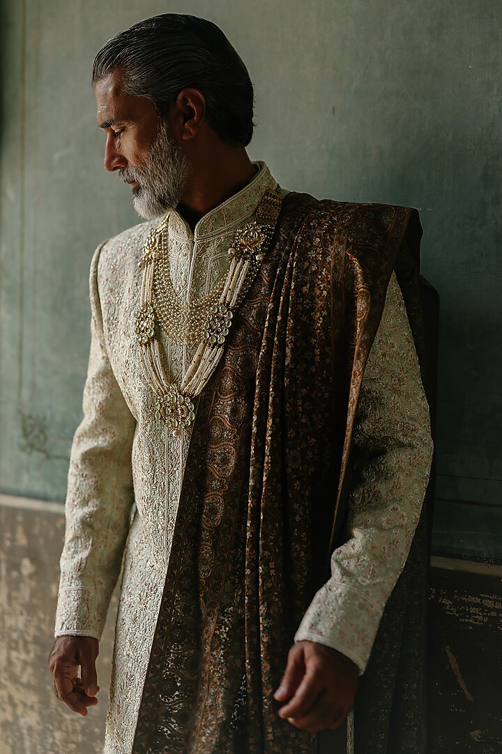 Olive Green Georgette Embroidered Stole by Amit Behki at Pernia's Pop Up Shop