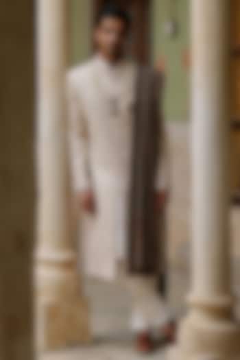 Beige Silk Brocade Hand Embroidered Groom Sherwani Set by Amit Behki at Pernia's Pop Up Shop