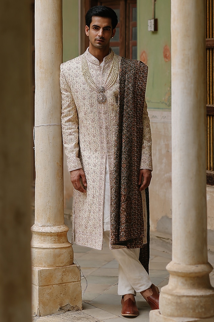 Beige Silk Brocade Hand Embroidered Groom Sherwani Set by Amit Behki at Pernia's Pop Up Shop