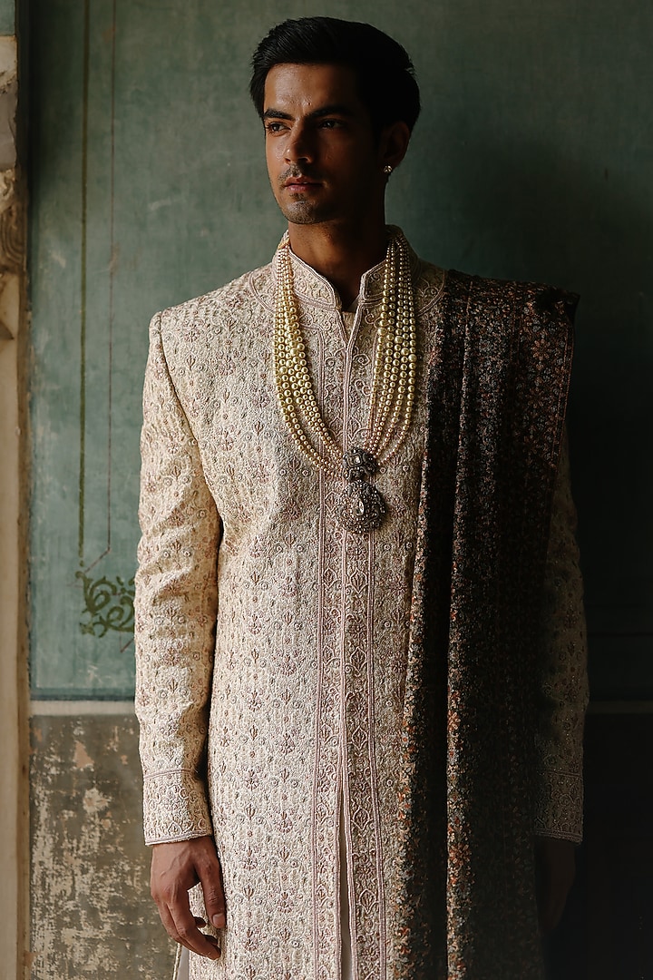 Brown Georgette Hand Embroidered Stole by Amit Behki at Pernia's Pop Up Shop
